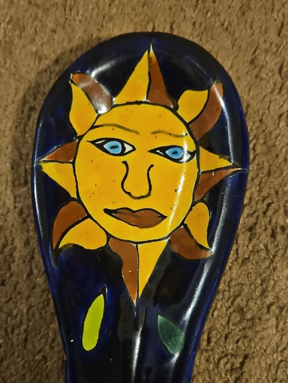Handmade Painted Blue Ceramic Spoon Rest with Sun Motif